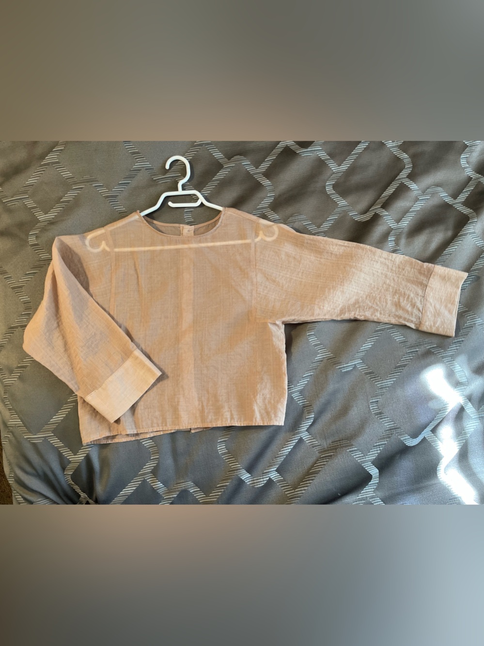 CLUB MONACO Sheer Taupe Boxy 3/4 Sleeve Blouse - Oversized Button Back
